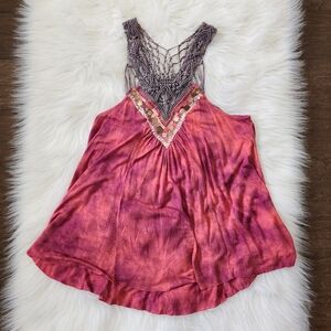 Free People Bohemian Embellished Macrame V-Neck Tank Top Size M